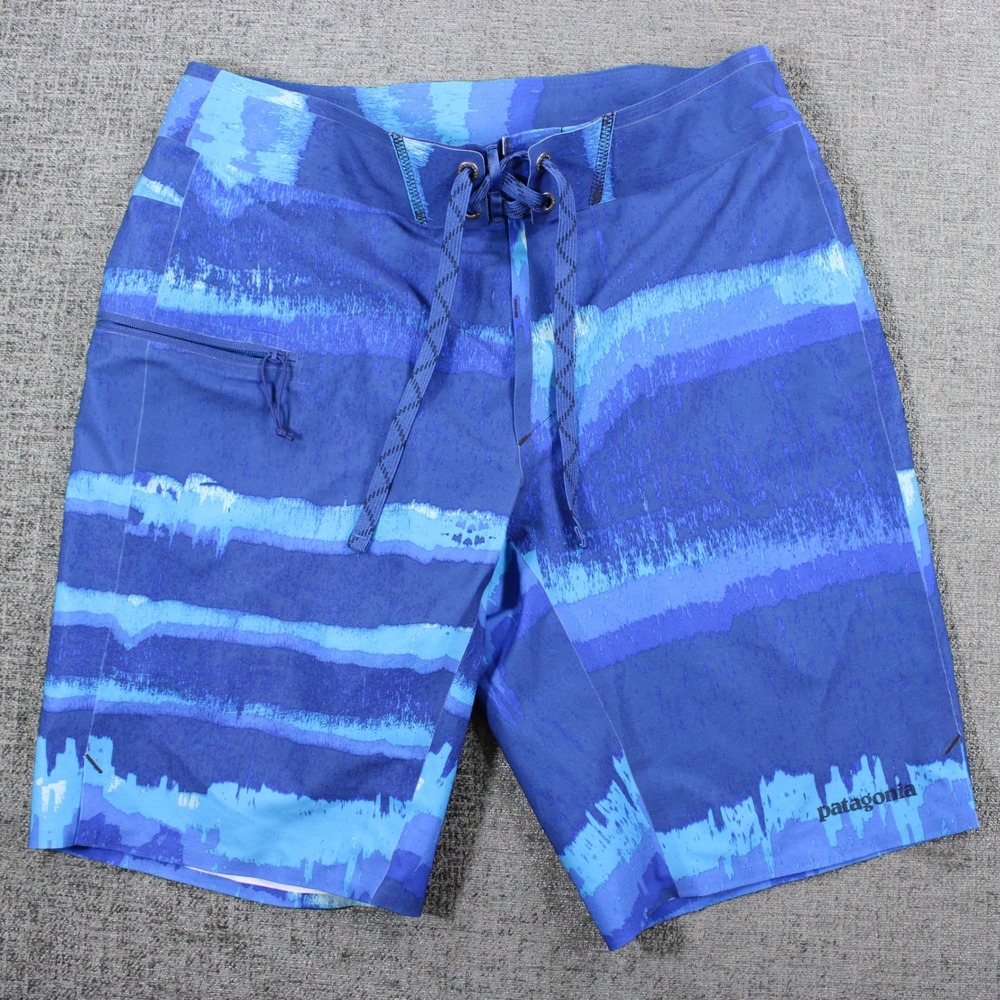Patagonia Mens Blue Striped Board Shorts Size 28 Swim Trunks Zipper Pocket